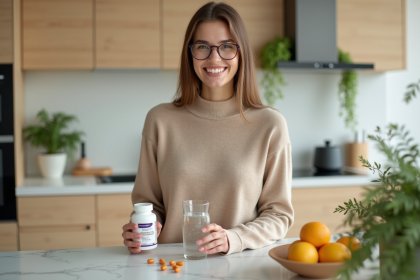 Femme souriante tenant vitamines dans une cuisine lumineuse
