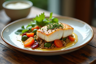 Filet de poisson blanc servi avec légumes rôtis et quinoa