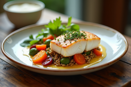 Filet de poisson blanc servi avec légumes rôtis et quinoa