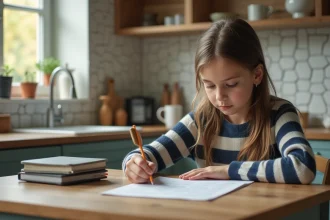 Jeune fille de 12 ans écrit ses devoirs de mathématiques dans une cuisine lumineuse