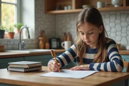 Jeune fille de 12 ans écrit ses devoirs de mathématiques dans une cuisine lumineuse