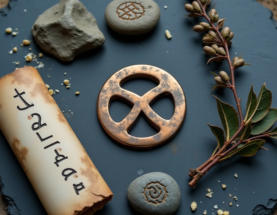 Vue de dessus d'un médaillon triskel en bronze entouré d'objets rituels celtiques sur ardoise, symboles spirituels druidiques