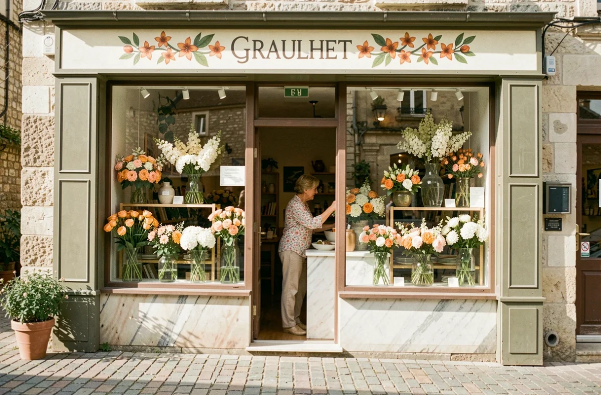 Devanture de la fleuriste Fleur d'Oranger à Graulhet avec des compositions florales blanches et orangées en vitrine