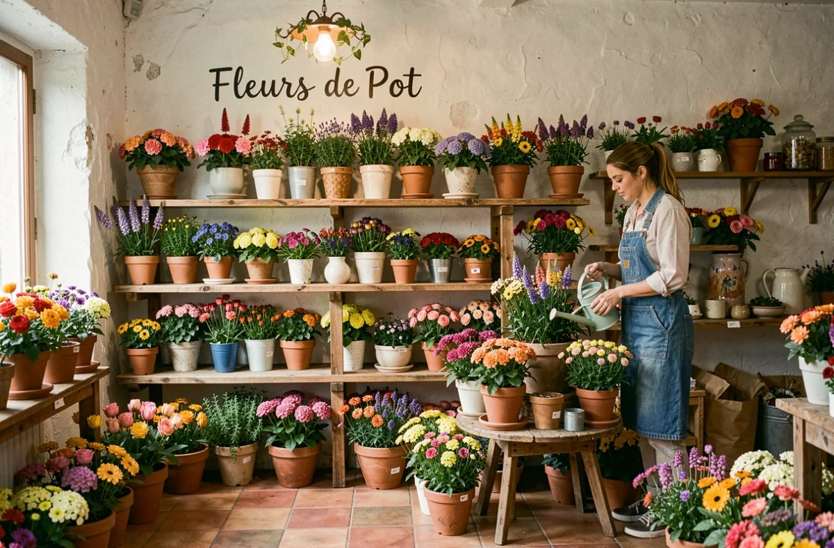 Jeune fleuriste arrosant des pots de fleurs colorés dans la boutique Fleurs de Pot à Labruguière