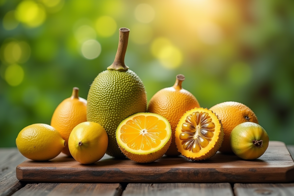 Fruits variés jujubes et jackfruit sur planche en extérieur
