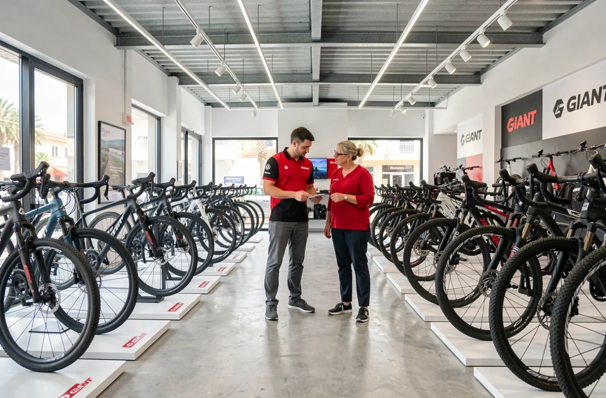 Showroom de Giant Antibes Cycles avec des vélos haut de gamme exposés et un technicien conseillant une cliente