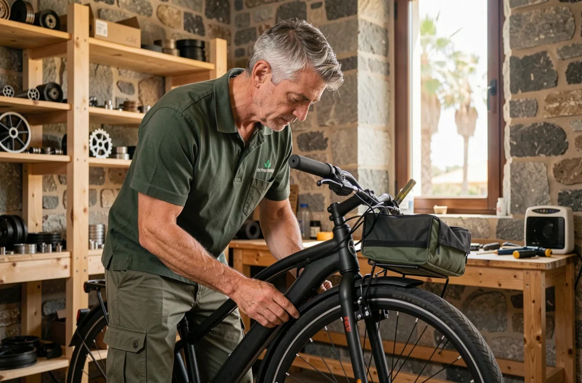 Mécanicien de Green-Wheels gonflant le pneu d'un vélo cargo électrique dans un atelier aux murs en pierre