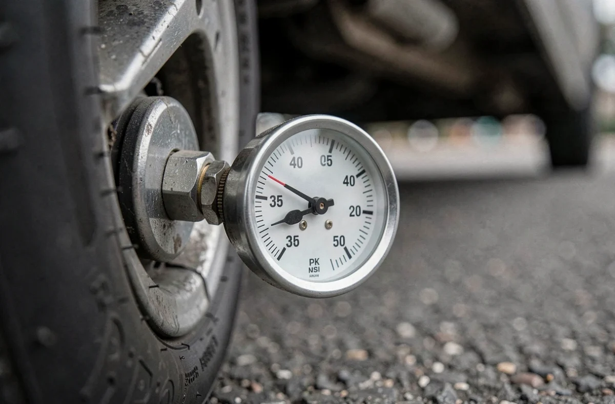 Gros plan d'un manomètre de pneu indiquant 35 psi sur une valve de pneu de voiture