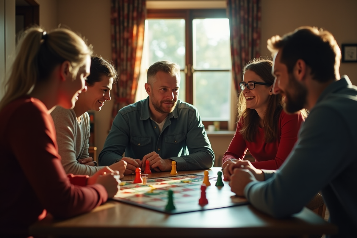 Groupe d'amis jouant au Cluedo dans une ambiance chaleureuse
