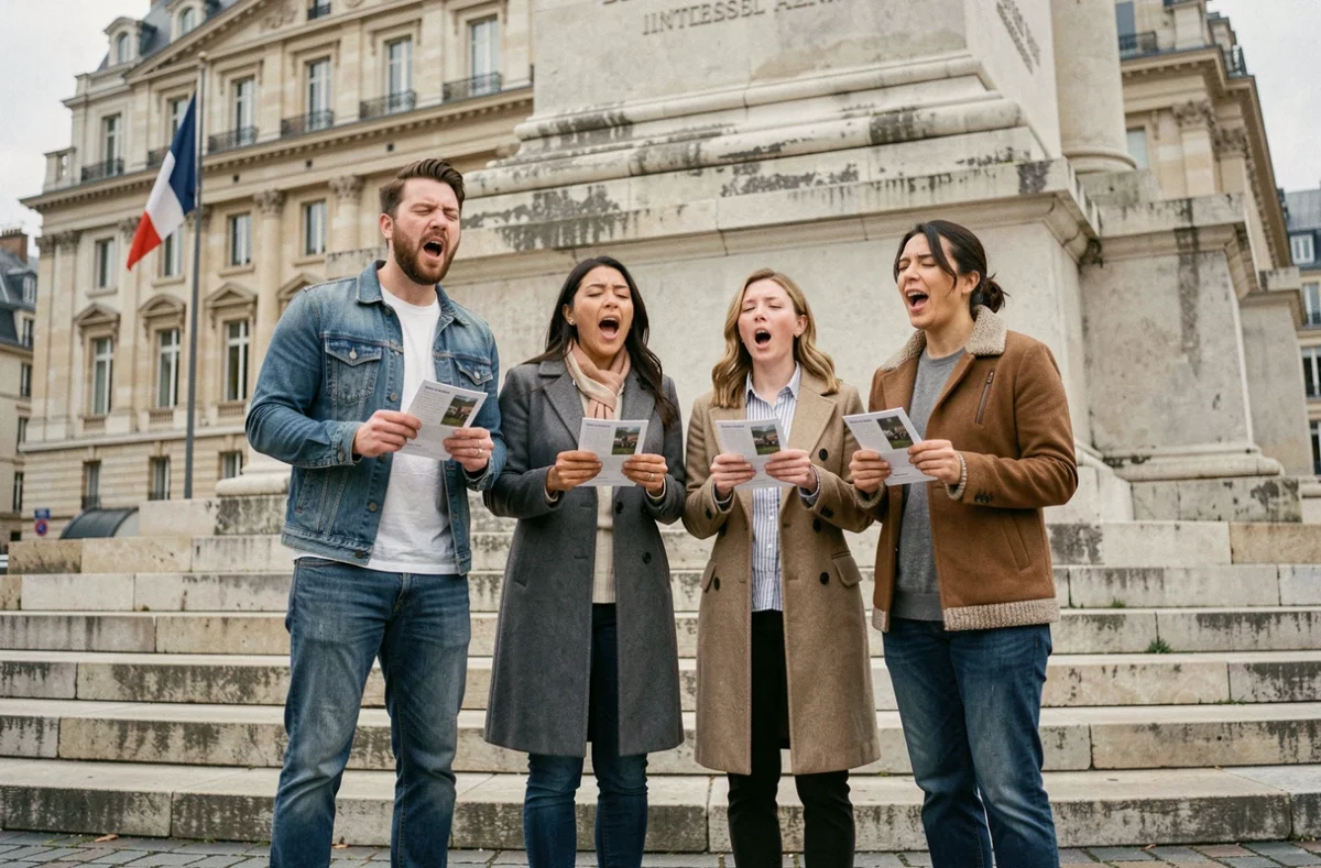 Groupe de quatre adultes chantant La Marseillaise sur les marches d'un monument en pierre dans une place publique française