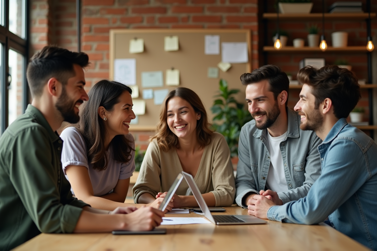 Groupe de jeunes adultes collaborant dans un espace startup