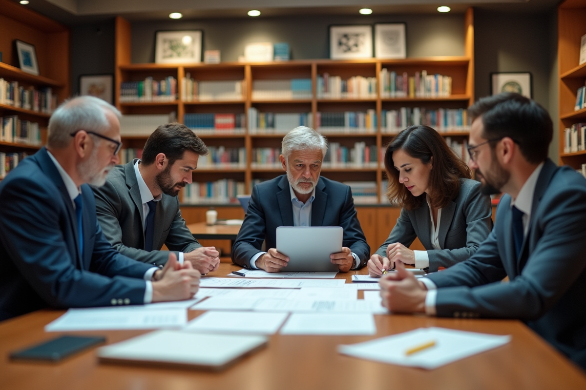 Professionnels discutant autour d une table en bibliothèque
