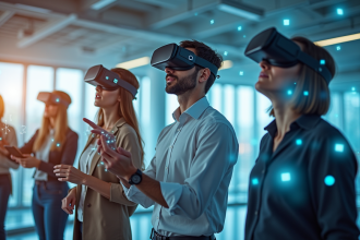 Groupe de personnes avec casques VR dans un bureau moderne
