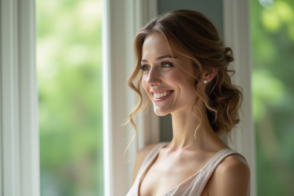 Invitée de mariage souriante avec coiffure élégante et robe pastel