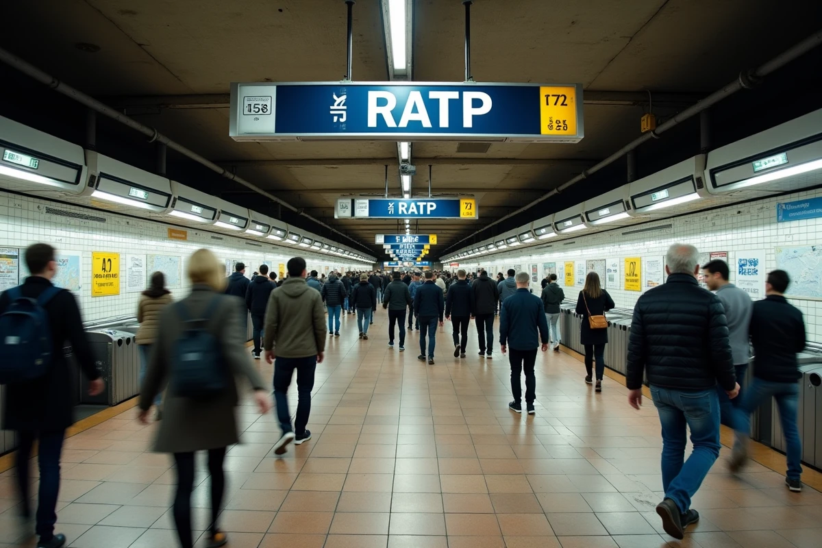 Hall de gare RER parisien avec signalétique RATP et voyageurs en mouvement passant les portiques
