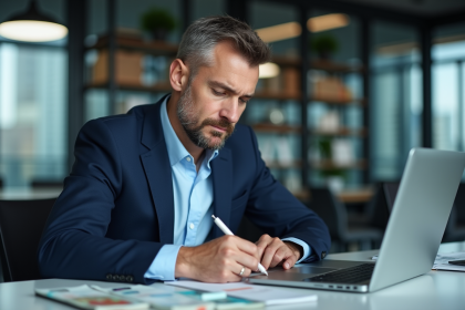 Homme d'affaires en costume regardant un graphique de devises