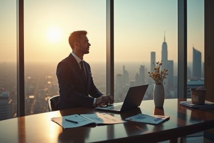Homme d'affaires confiant regardant la ville depuis un bureau élégant