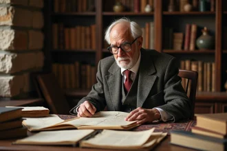 Homme &acirc;g&eacute; en costume examinant un arbre g&eacute;n&eacute;alogique ancien