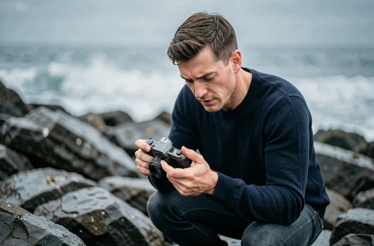 Homme consultant les photos de son appareil compact au bord de mer pour les publier sur les réseaux sociaux