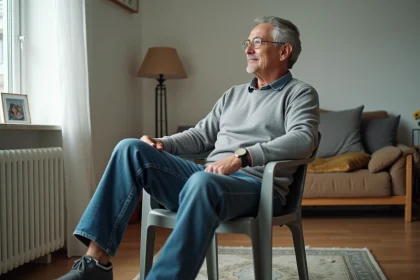 Homme d'&acirc;ge moyen assis dans un salon avec bracelet &eacute;lectronique