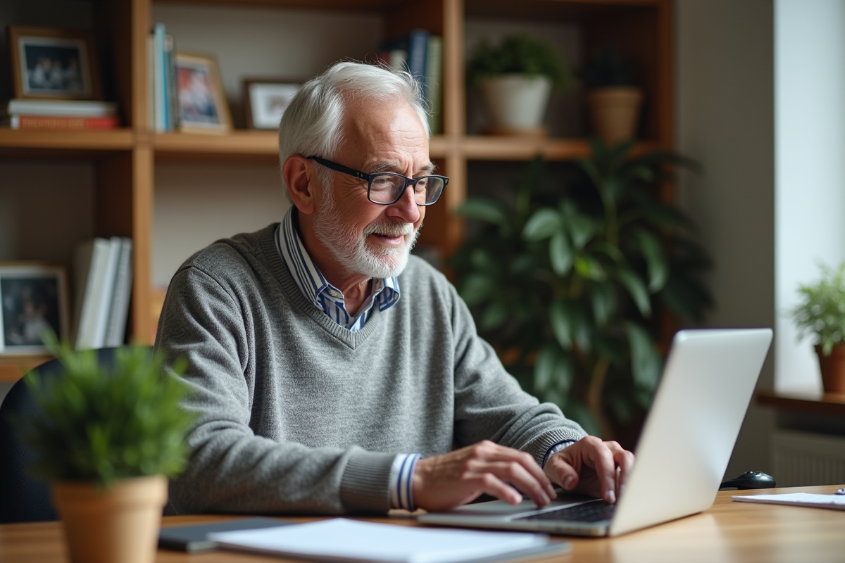 Homme âgé utilisant un ordinateur dans son bureau à domicile
