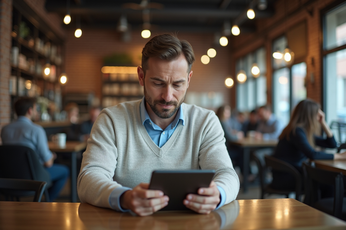 Homme d affaires vérifiant des informations sur une tablette au café