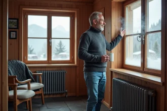 Homme dans un chalet alpin regardant par la fenetre enneigee