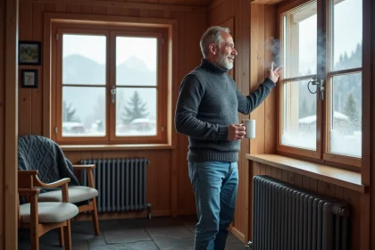 Homme dans un chalet alpin regardant par la fenetre enneigee