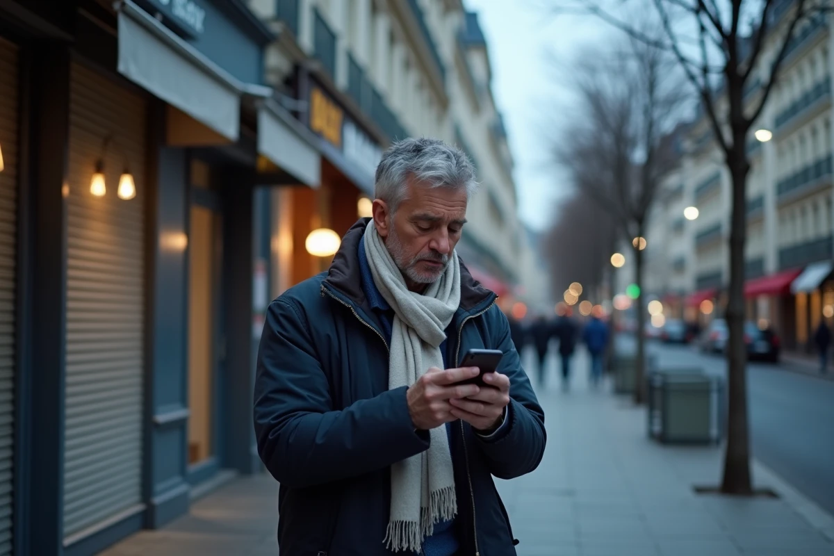 Homme cherchant un bureau de tabac ouvert le soir sur son smartphone dans une rue parisienne avec des commerces fermés