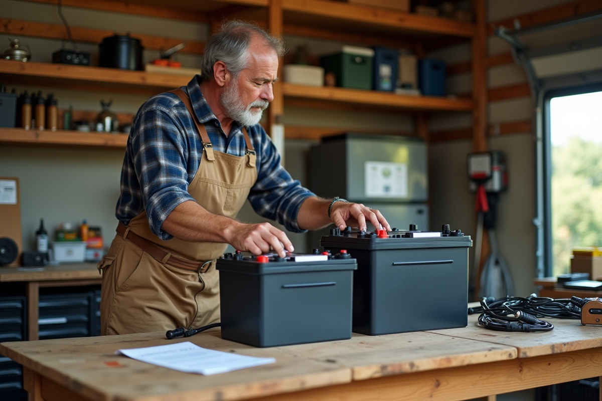 Homme montrant différents types de batteries solaires dans un garage