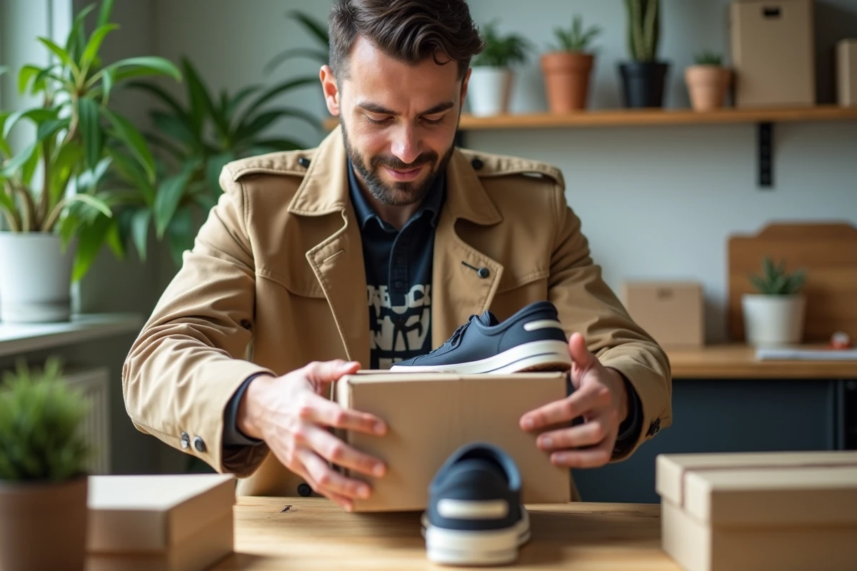 Homme emballant des chaussures dans une cuisine lumineuse