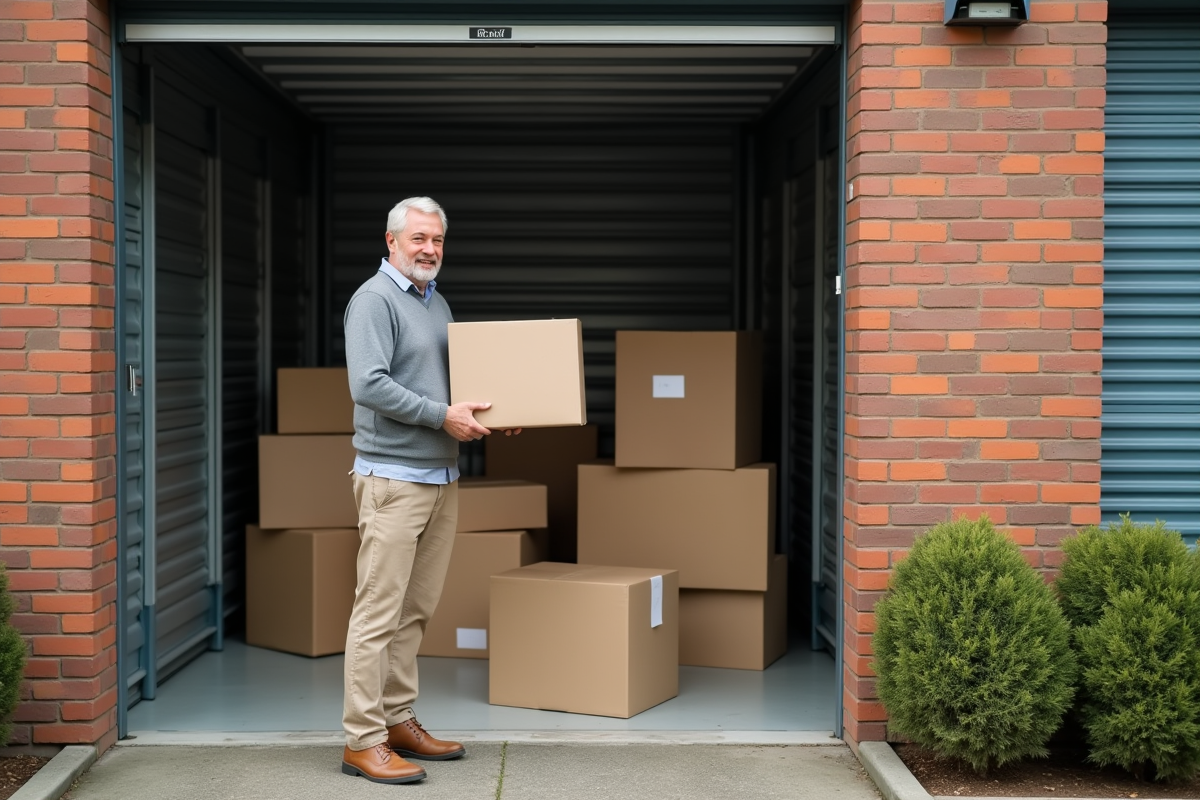 Homme arrangeant des cartons dans un espace de stockage extérieur