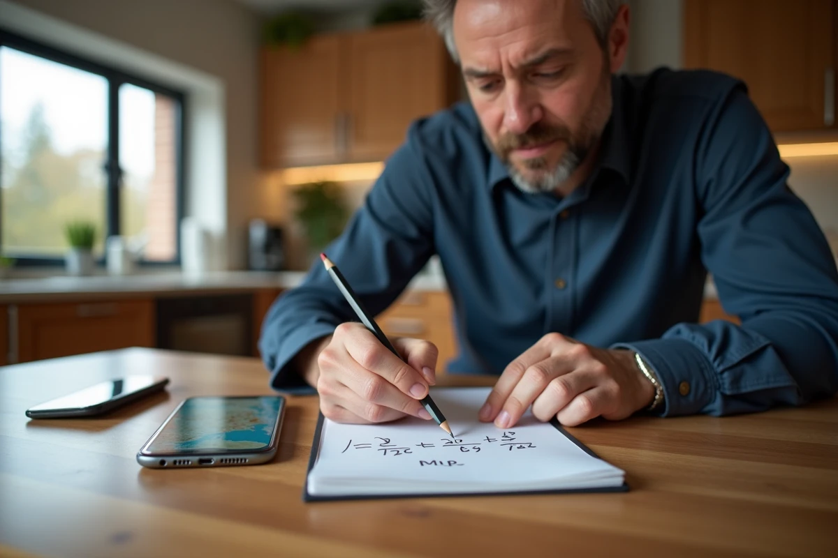 Homme écrivant une formule de conversion kilomètres en miles sur un bloc-notes dans une cuisine