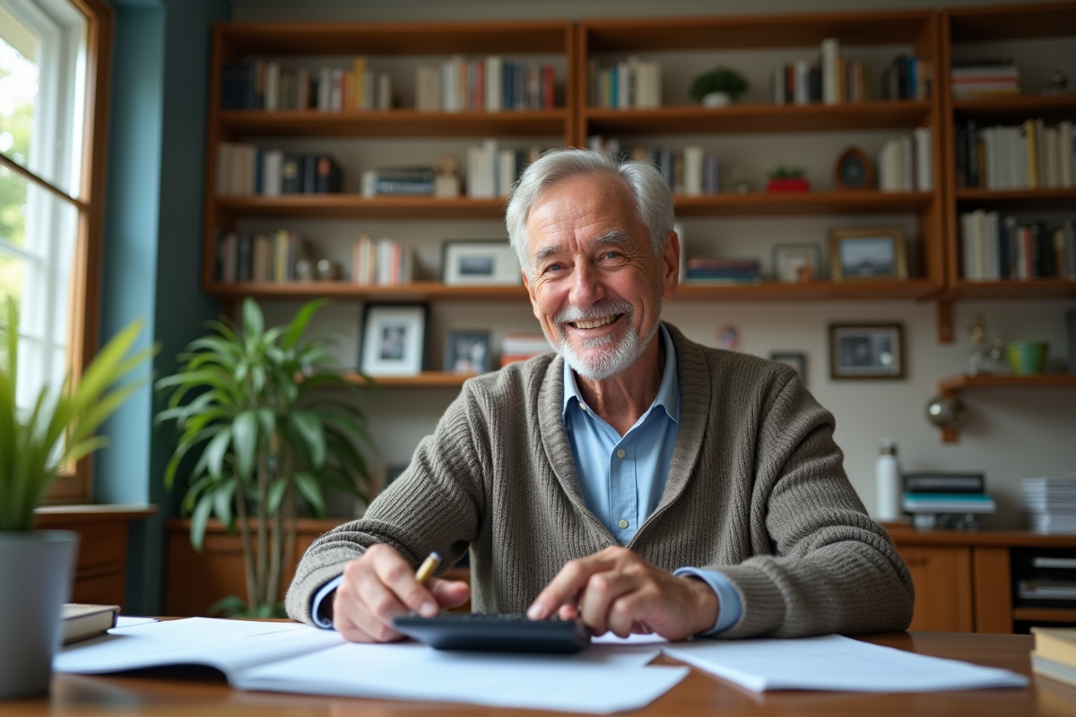 Homme âgé gérant ses finances dans un bureau lumineux