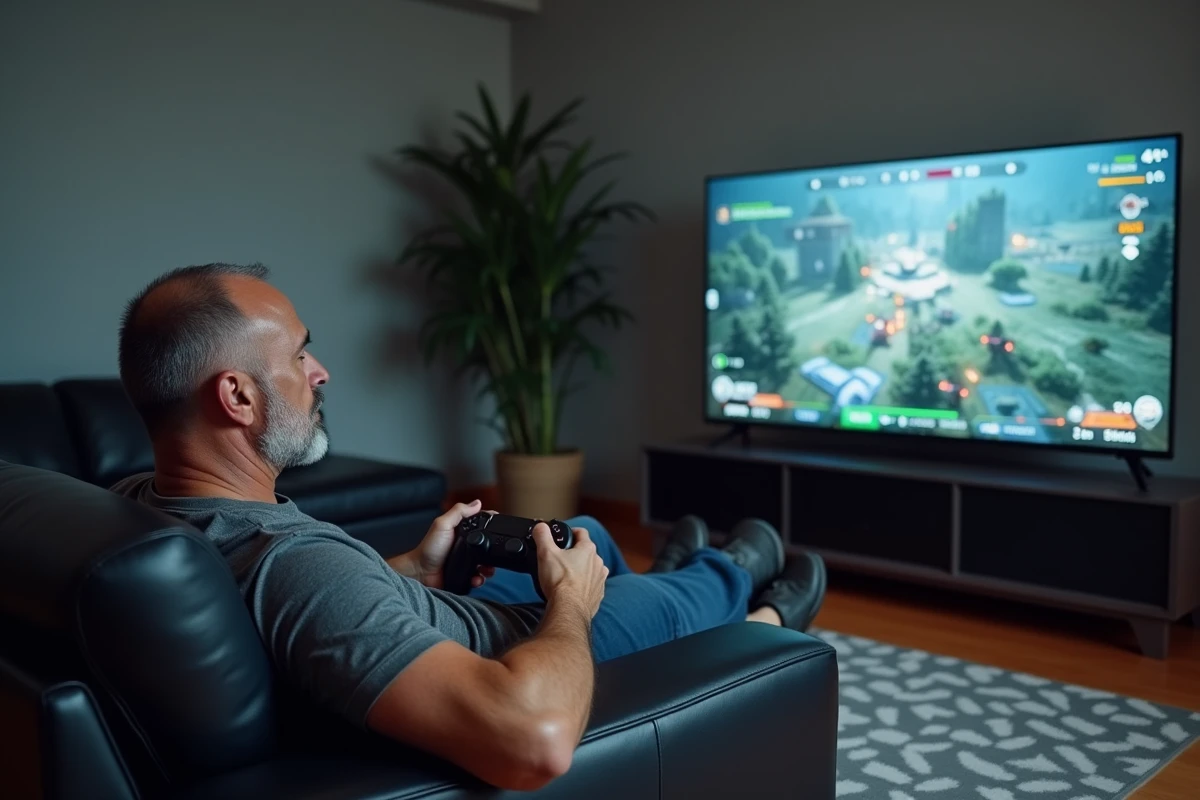 Homme jouant à un jeu de stratégie tactique sur console dans un salon moderne contemporain