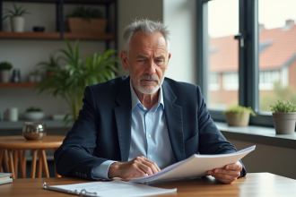 Homme d'âge moyen examinant des documents immobiliers à l'intérieur