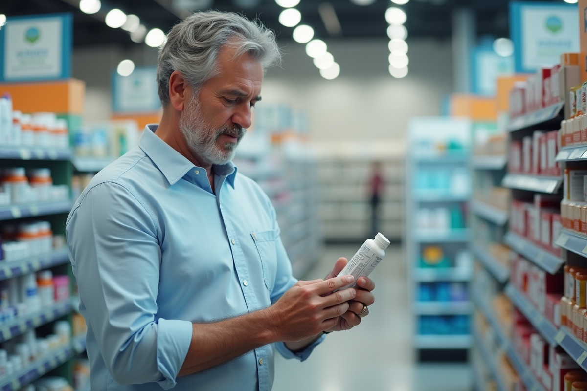 Homme lisant étiquette de vitamines en pharmacie bien organisée