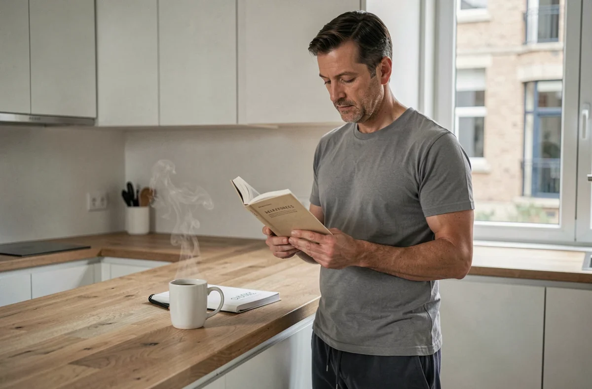 Homme lisant un livre de citations au petit-déjeuner dans une cuisine moderne