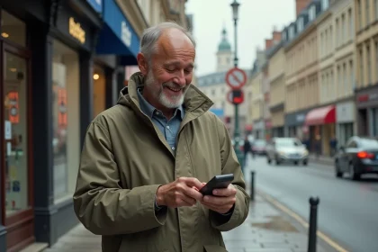 Homme d'&acirc;ge moyen souriant avec t&eacute;l&eacute;phone vintage en ville