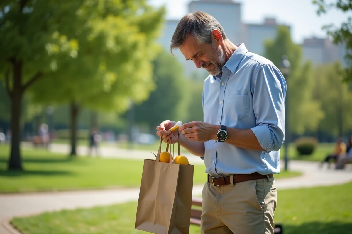 Homme organisant ses sacs dans un parc urbain