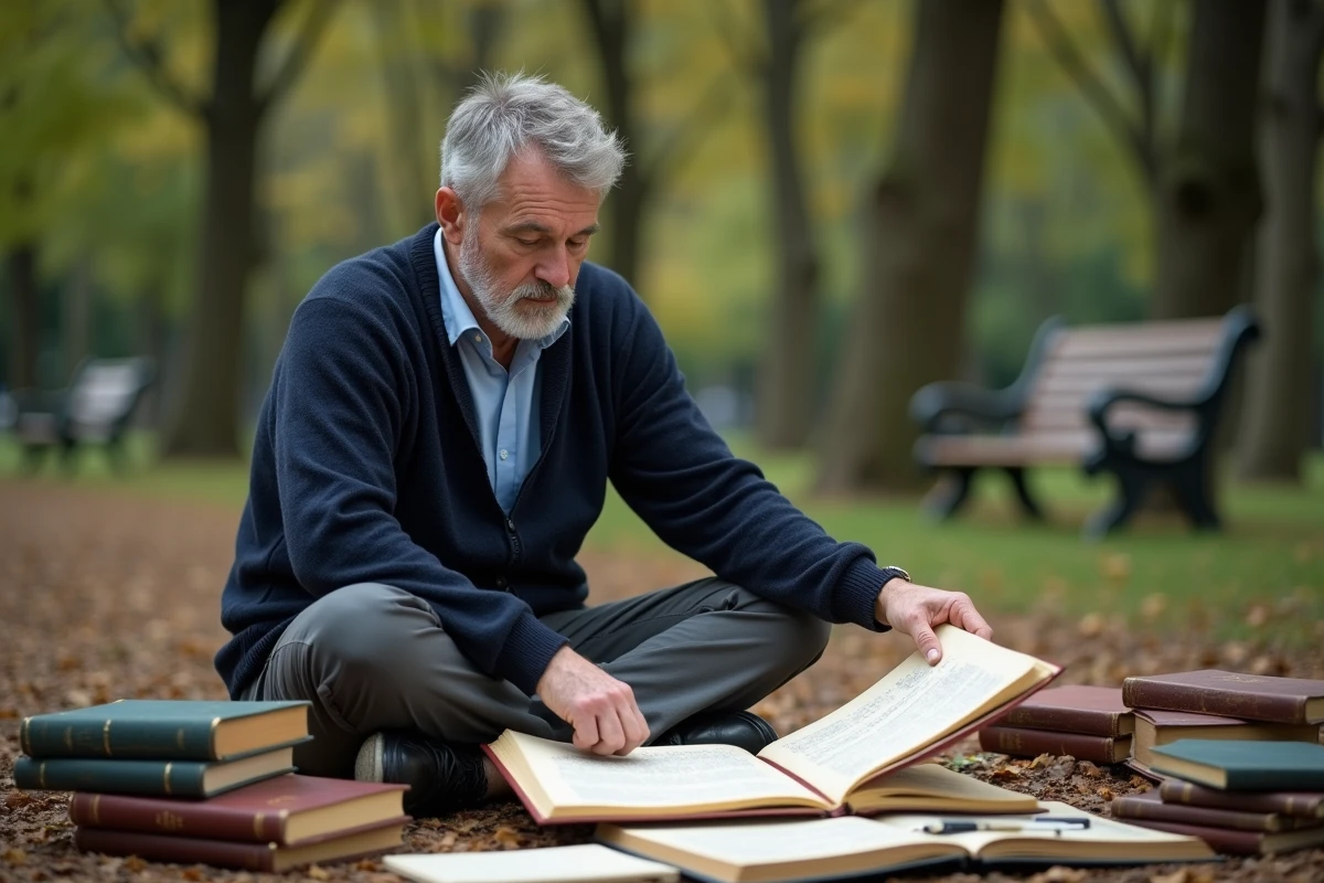 Homme m&eacute;ditant dans un parc avec livres et films Lord of the Rings