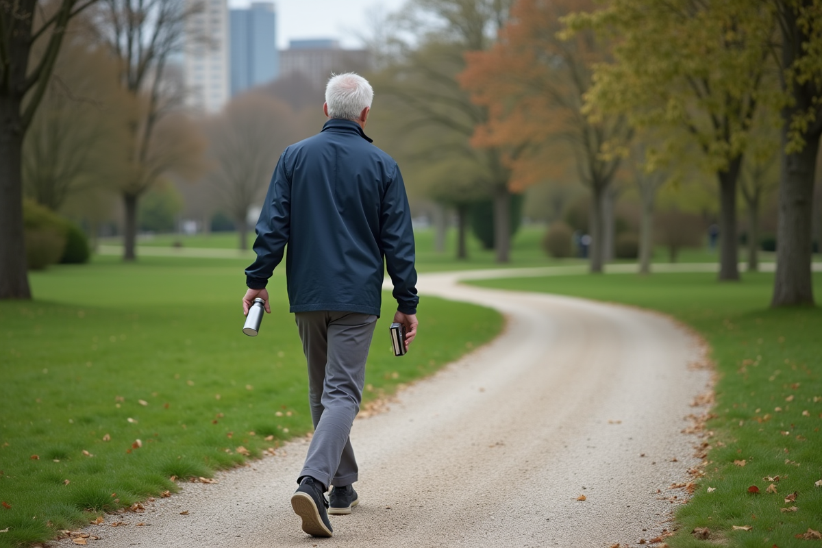 Homme marche dans un parc verdoyant avec journal et bouteille