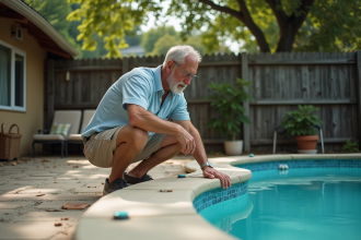 Homme d'âge moyen près de la piscine en été