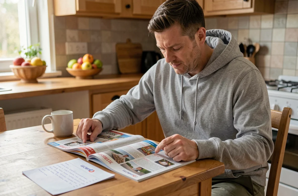 Homme qui consulte le catalogue Leclerc de septembre à la maison pour planifier ses achats