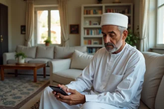 Homme en djellaba vérifiant l'heure de prière à Narbonne