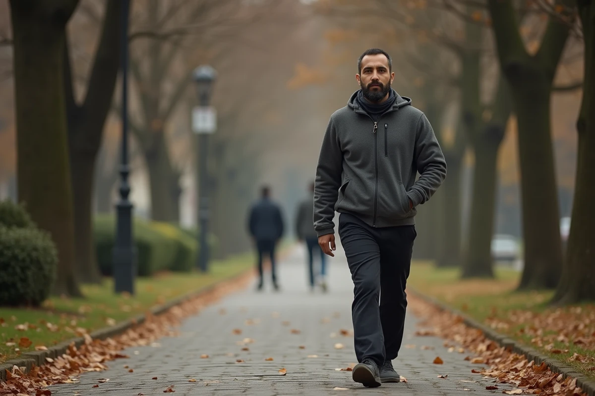 Homme se promenant dans un parc européen en automne, atmosphère méditative et vie privée loin des médias