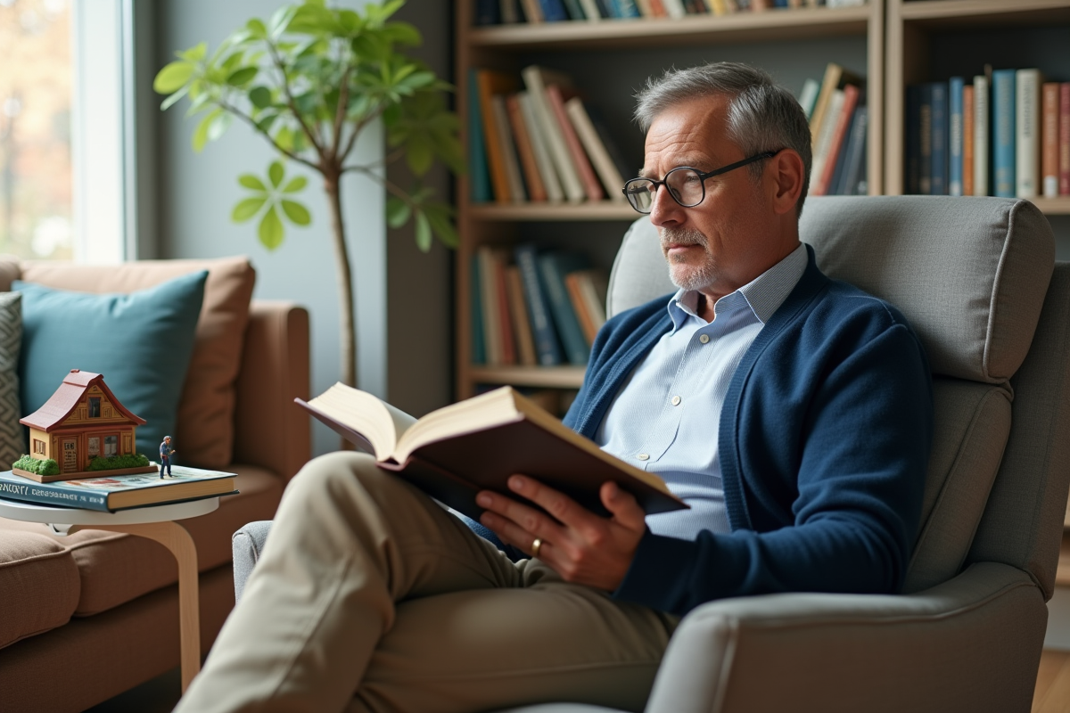 Homme âgé lisant dans un salon minimaliste avec diorama