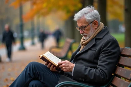 Homme âgé lisant dans un parc automnal calme