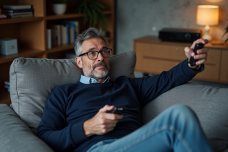 Homme en sweater ajustant un projecteur dans un salon moderne