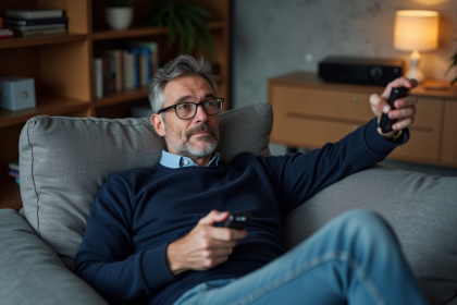 Homme en sweater ajustant un projecteur dans un salon moderne